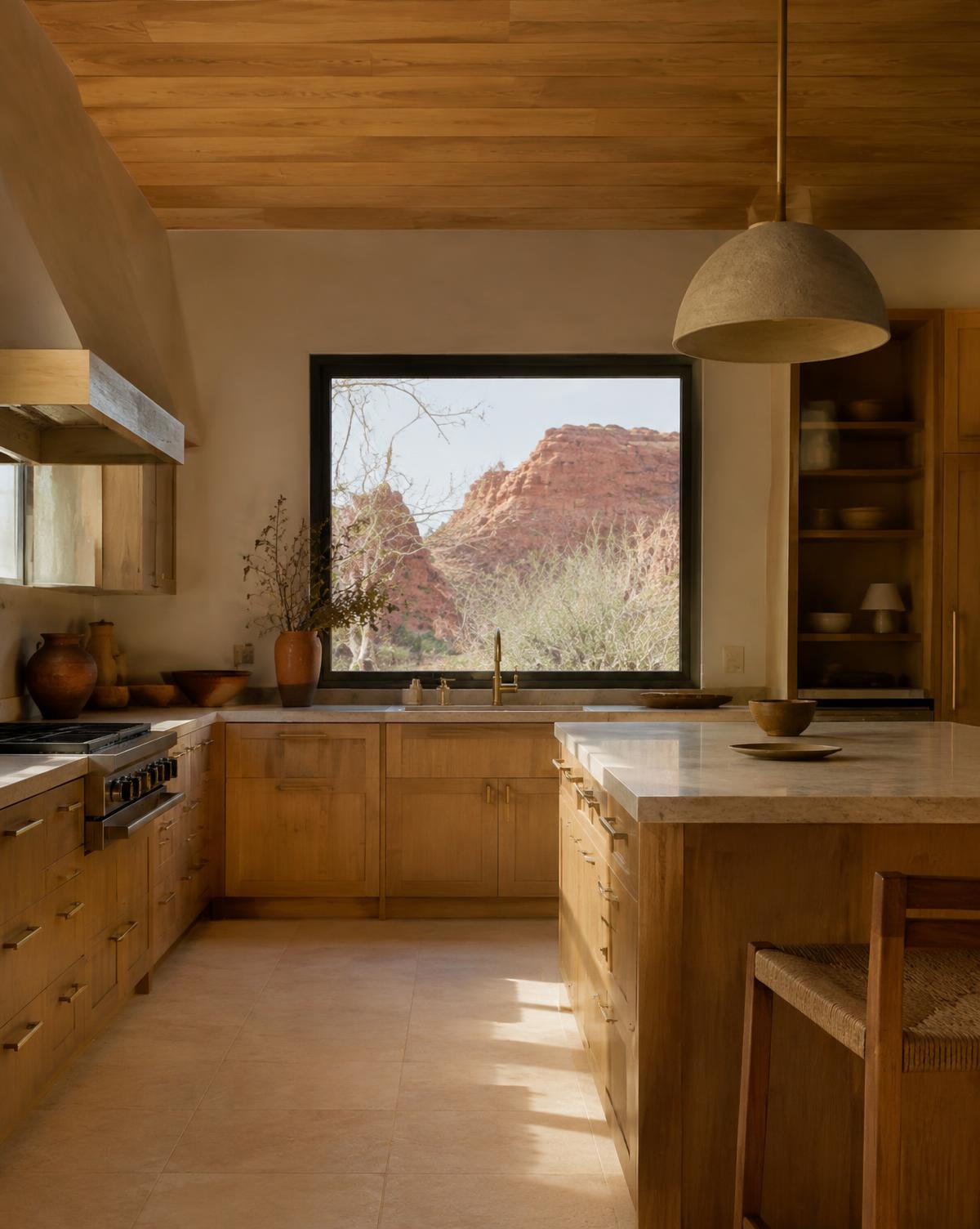 Warm oak Sedona kitchen with limestone counters and red rock window view