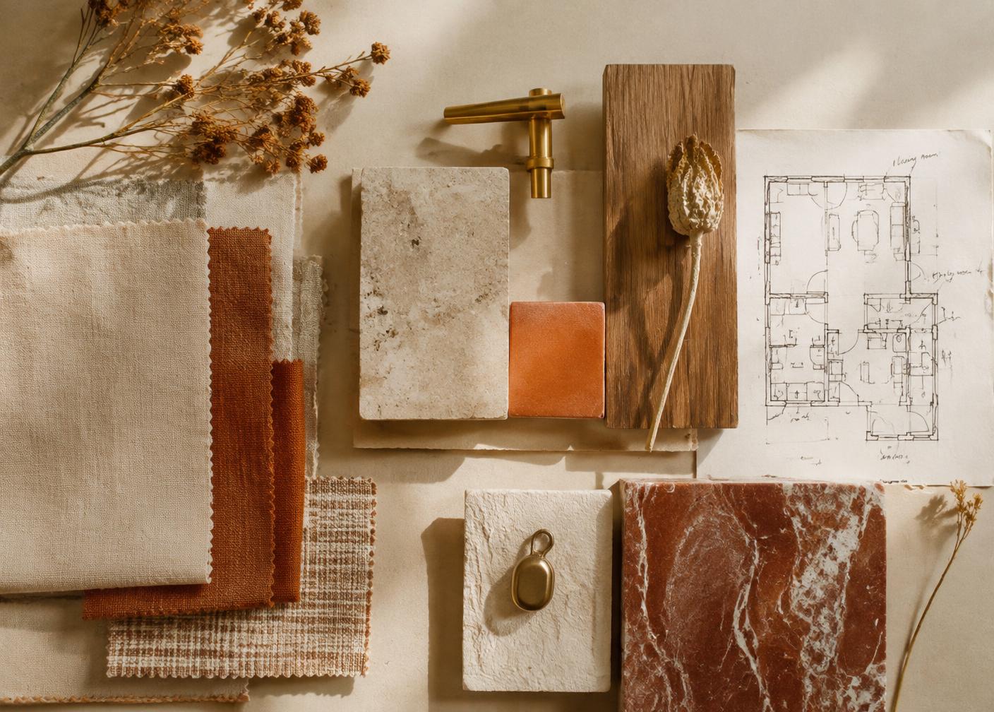 Interior design material palette of linen, terracotta, stone and oak samples